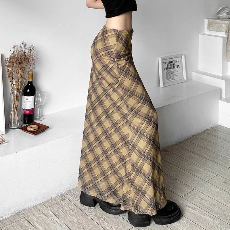 2025 style spring new women's clothing thin high waist hip wrap classic dark plaid long skirt skirt