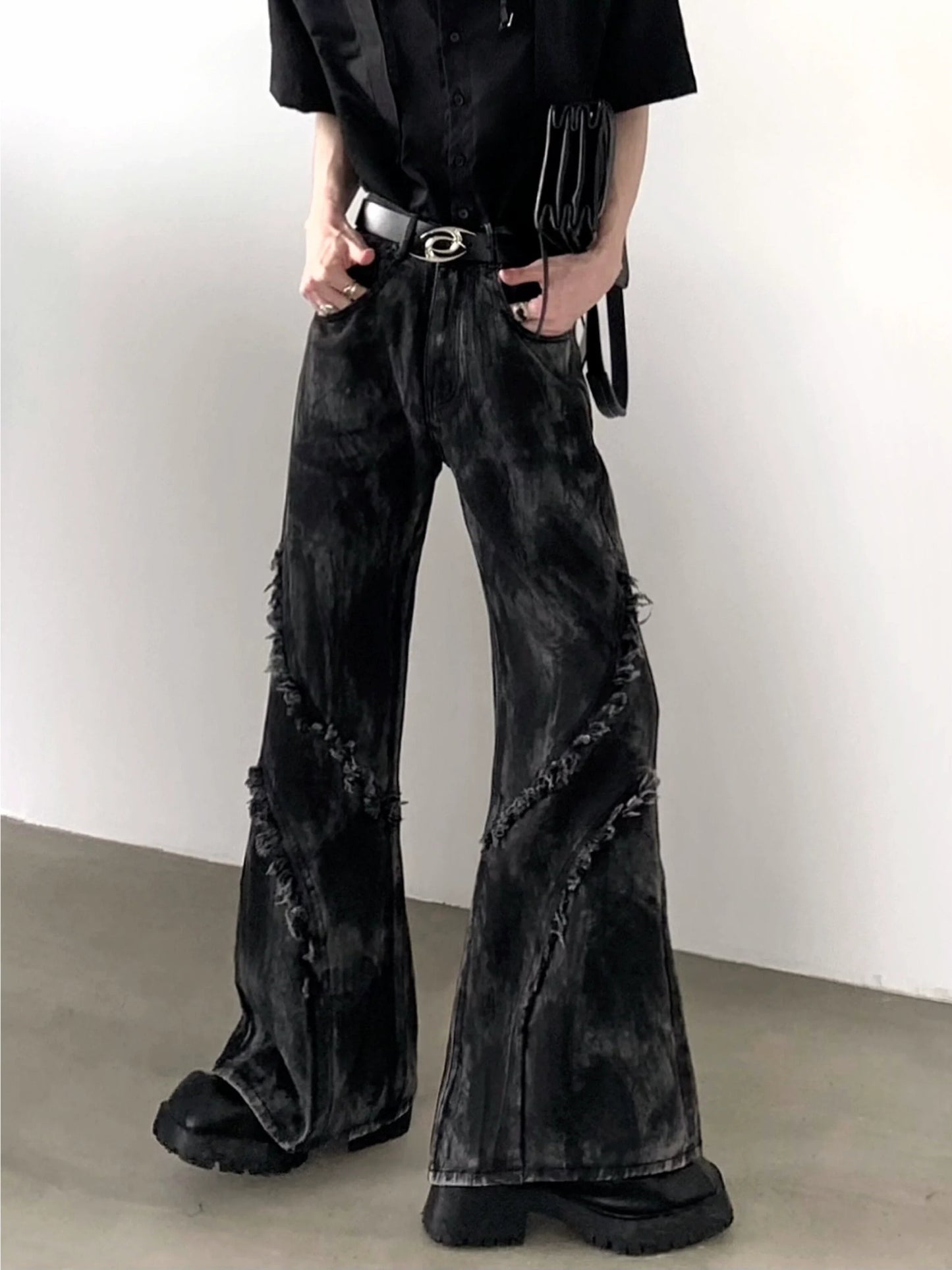 sanyamk Autumn Streetwear Dark High Waist Denim Slightly Flared Pants