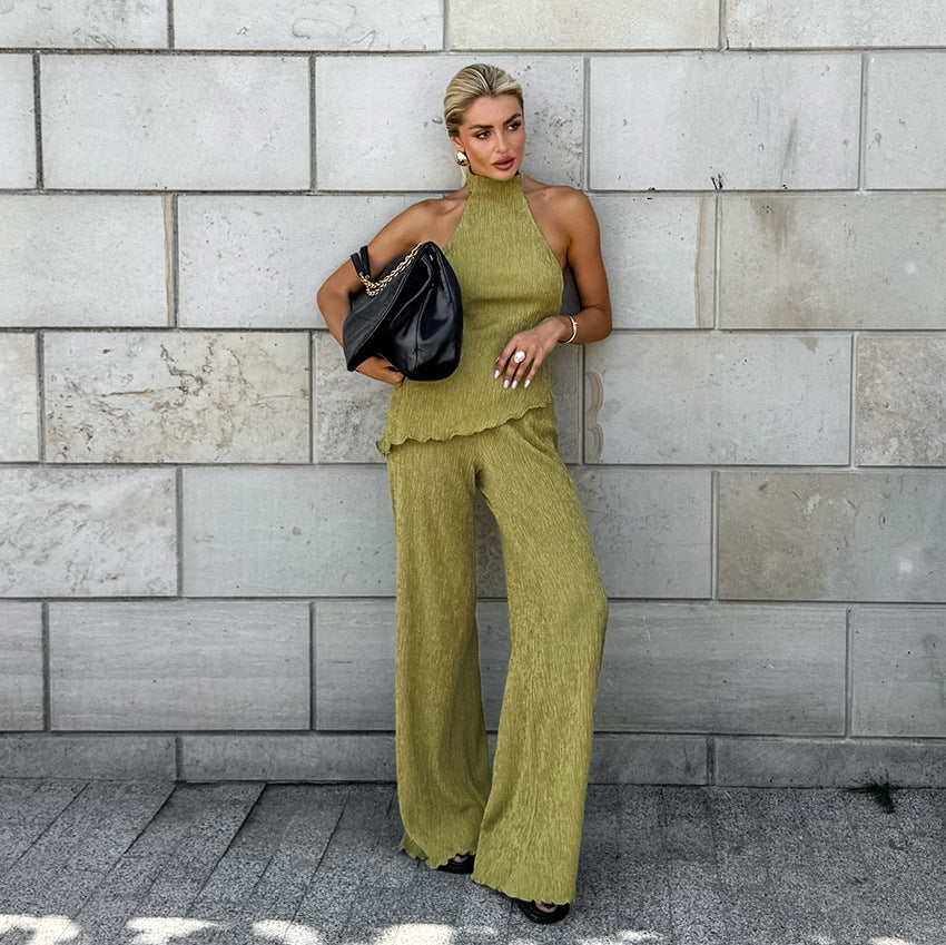 2025 spring and summer design sense green sleeveless neck vest wide pants two-piece fashion suit commuter women