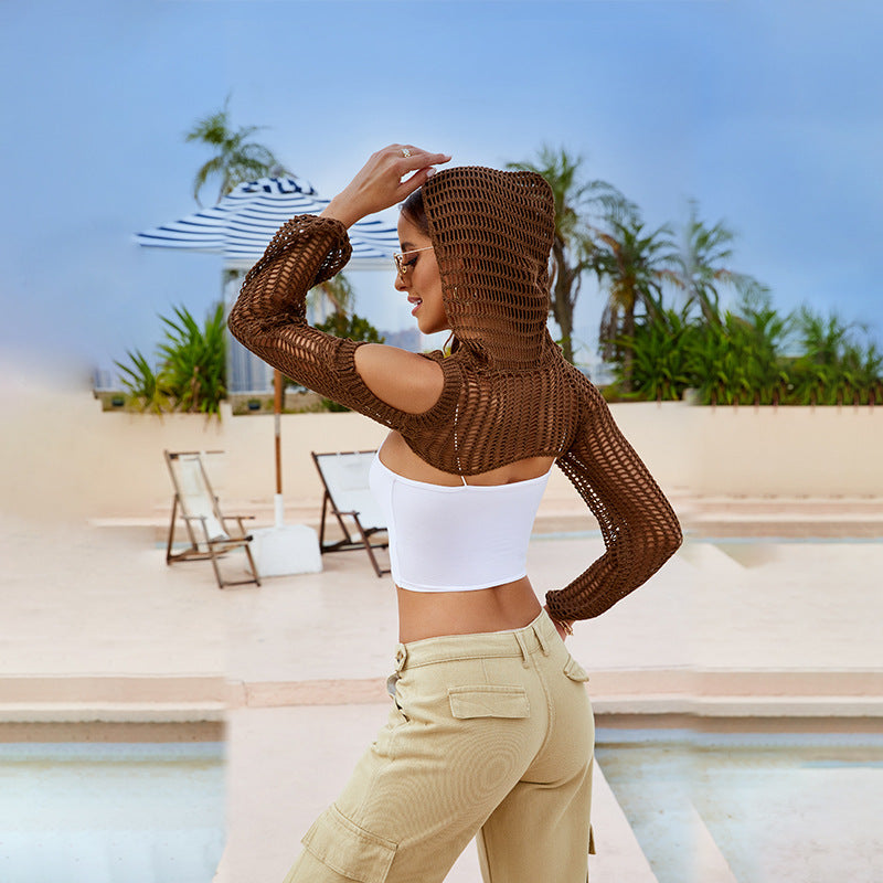 2025 popular summer new beach women, solid color sexy knitted hollow bikini swimsuit sunscreen cover