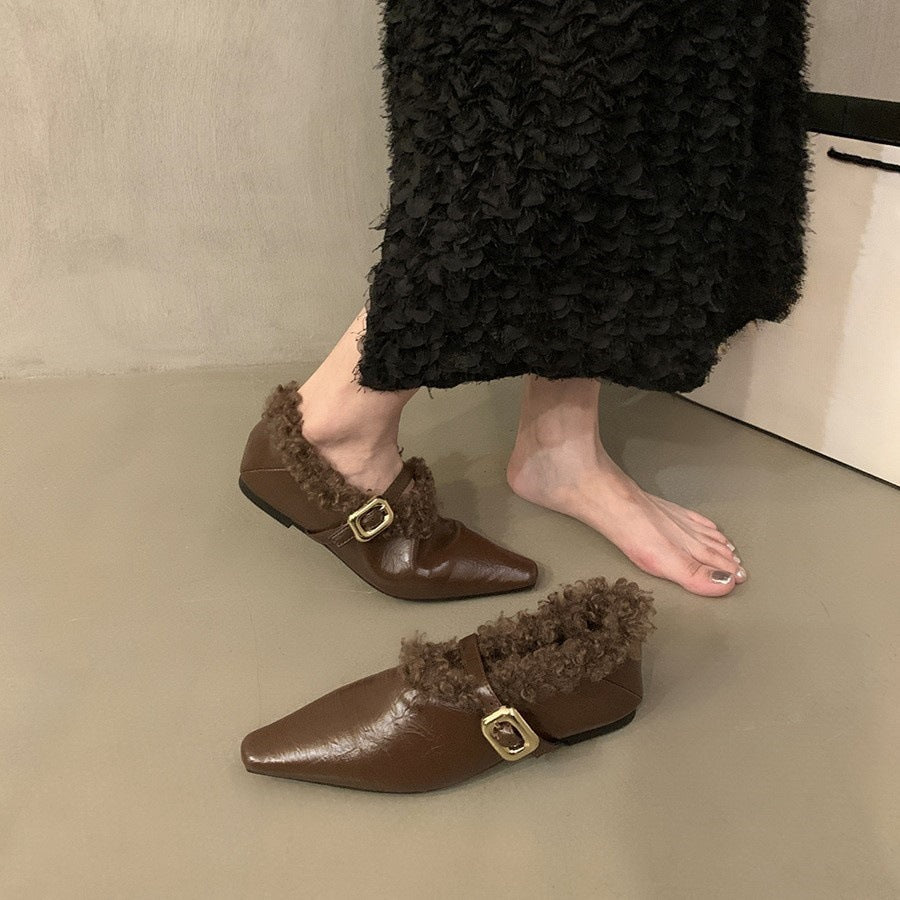 2025 flat-bottomed plush shoes women's new autumn and winter retro Korean version warm cotton shoes soft-soled single shoes
