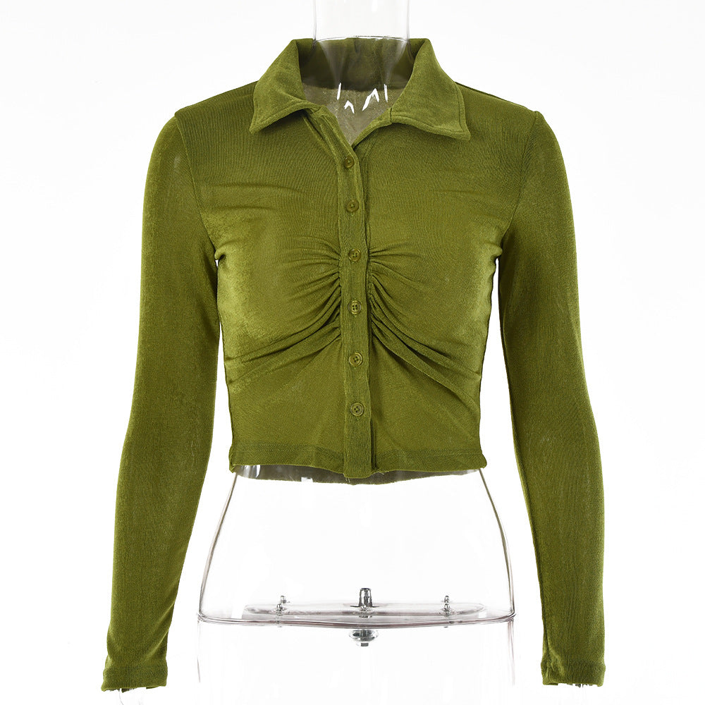 2025 Popular and ins summer new retro cardigan pleated single-breasted T-shirt solid color sexy lapel shirt top women