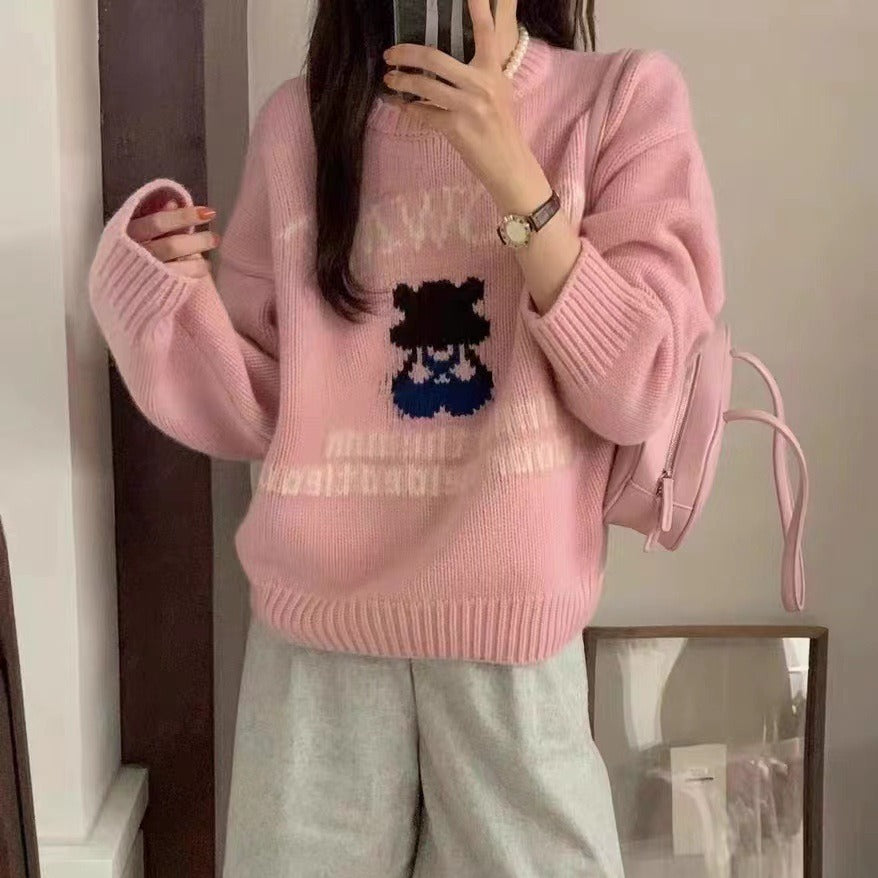 2025 Autumn and winter new wool-blend sweater bear jacquard round neck lazy wind pullover sweater sweet top 31599