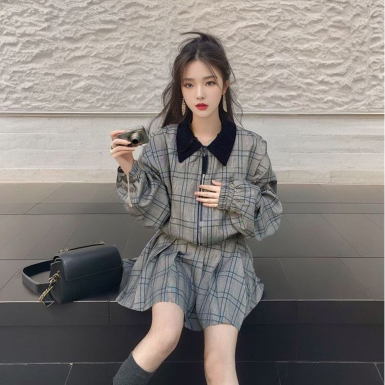 Autumn and winter women's clothing fashion plaid suit skirt loose and thin short coat women's pleated skirt two-piece set K9056