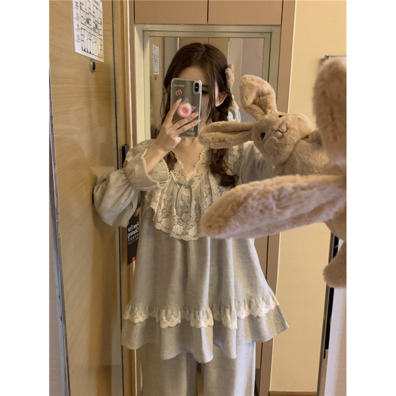 2025 Pajamas women's spring and autumn Korean version of long-sleeved solid color sweet and simple girl lace lace can be worn outside loungewear suit