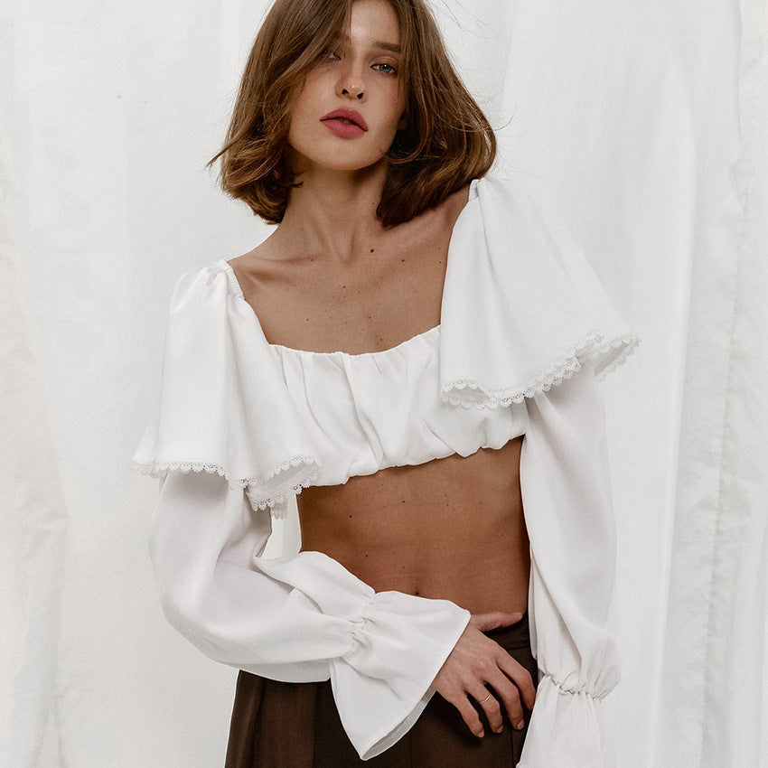 2025 White imitation satin acetate square neck lotus leaf sleeve lace shirt spring and summer fashion new open-button top