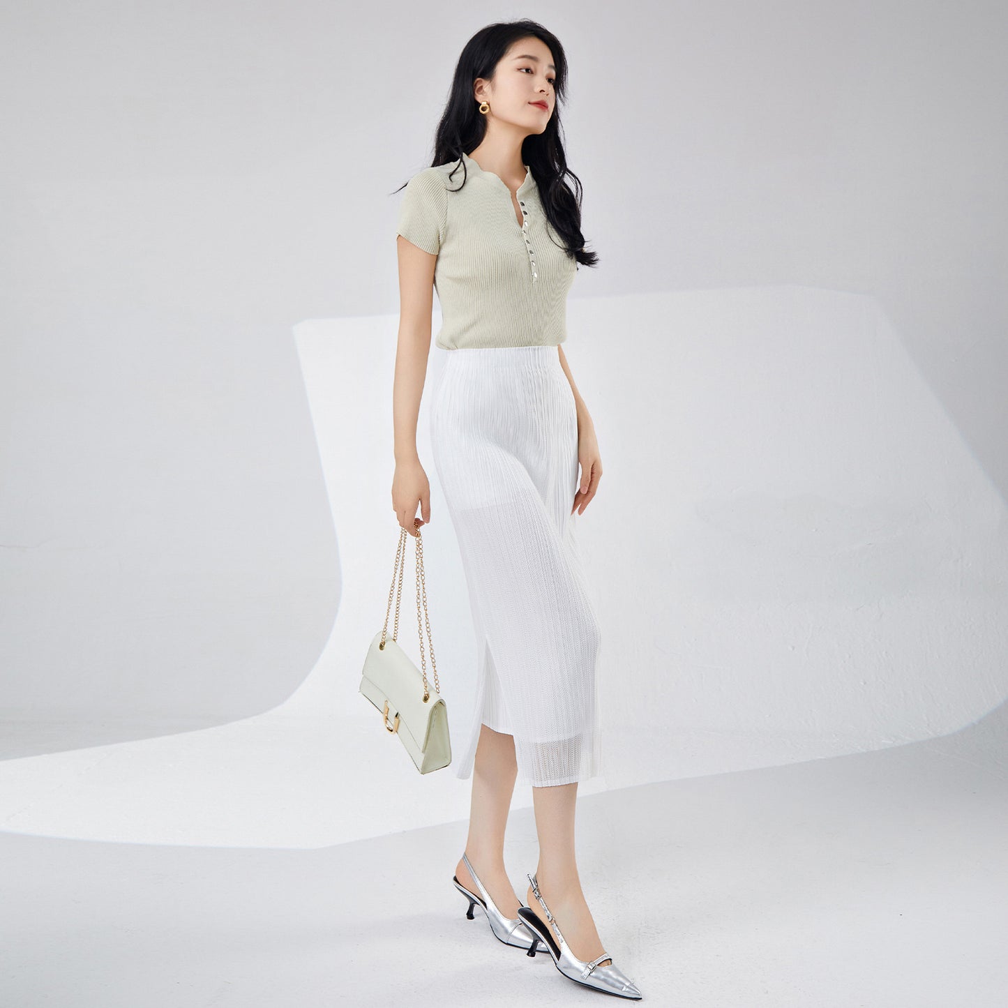 White skirt women's spring and summer new mesh double-layer breathable advanced sense split temperament pleated one-step hip-wrap skirt