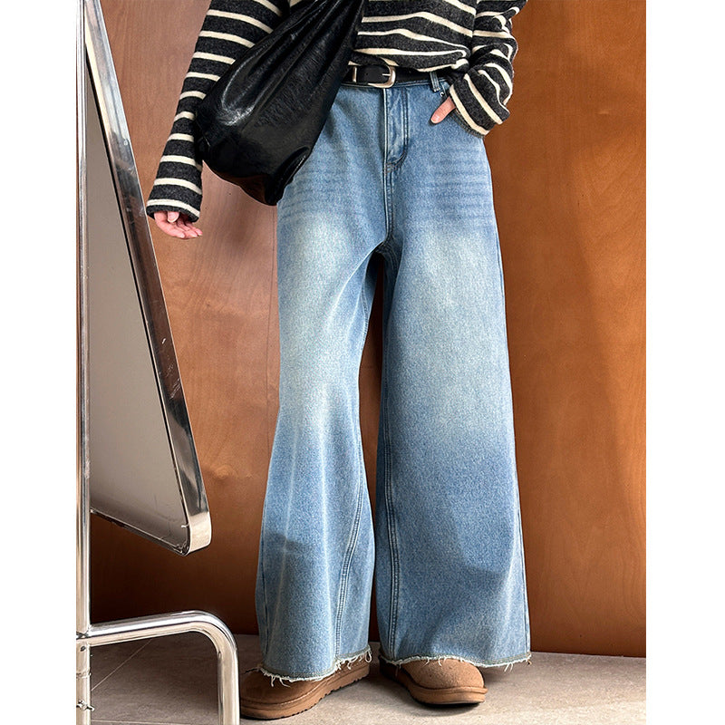 2025 popular autumn and winter new Korean version retro high waist and thin loose velvet jeans 9251-2