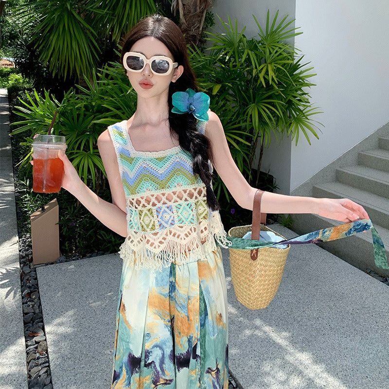 2025 Bohemian wide-leg pants women's summer blue-green smudged split-ended high-waisted trousers seaside vacation wear beach pants culottes