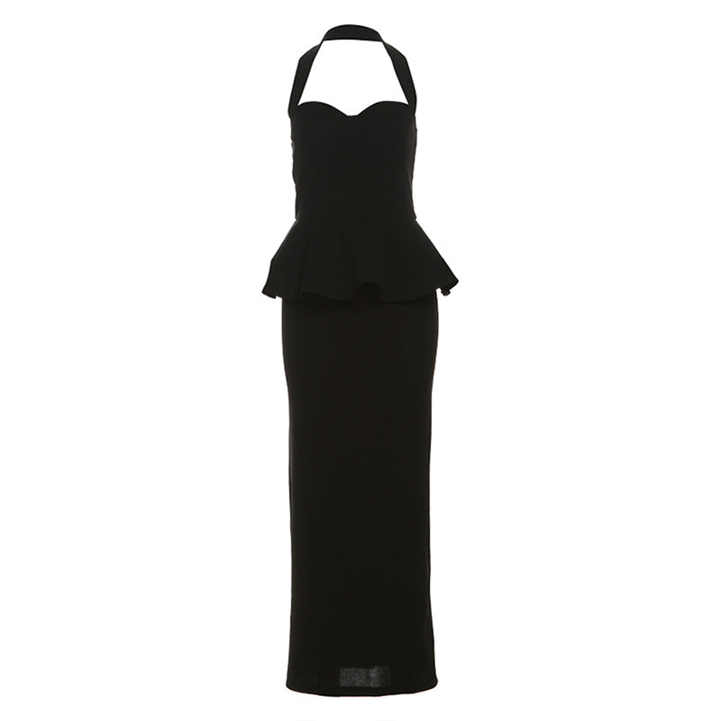 2025 style popular summer new women's clothing temperament casual high waist neck hip slim solid color dress