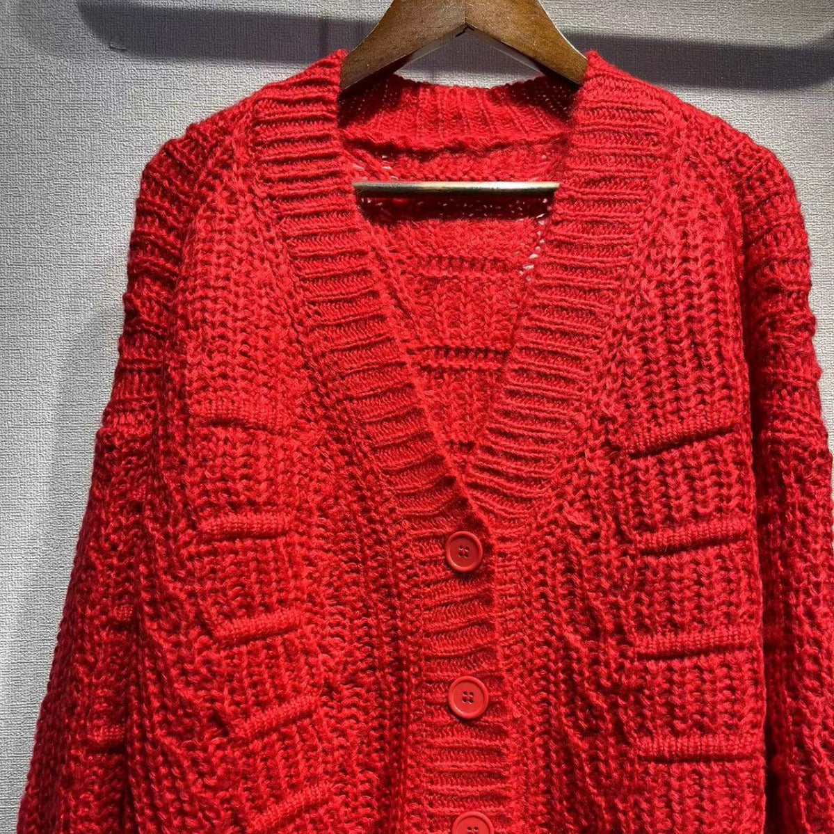 2025 Red sweater women's winter 24 New Year's sweater red V-neck loose lazy wind wool knitted cardigan jacket women