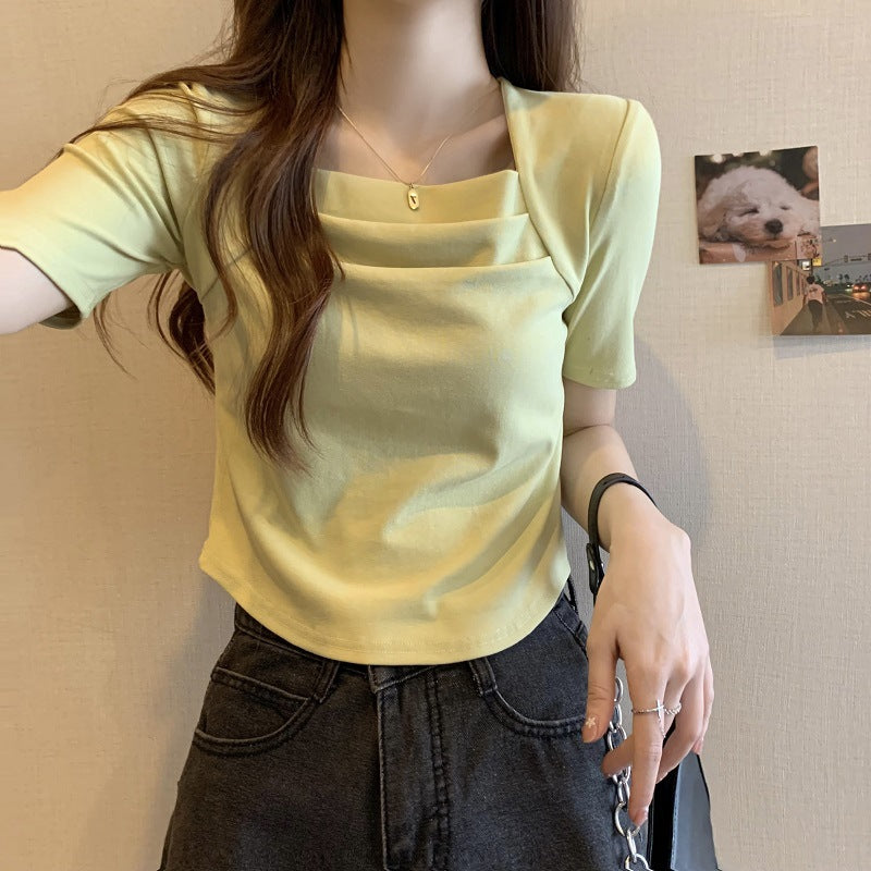 Spring women's 2025 new pink unique chic square neck short-sleeved shirt irregular pleated short top tide