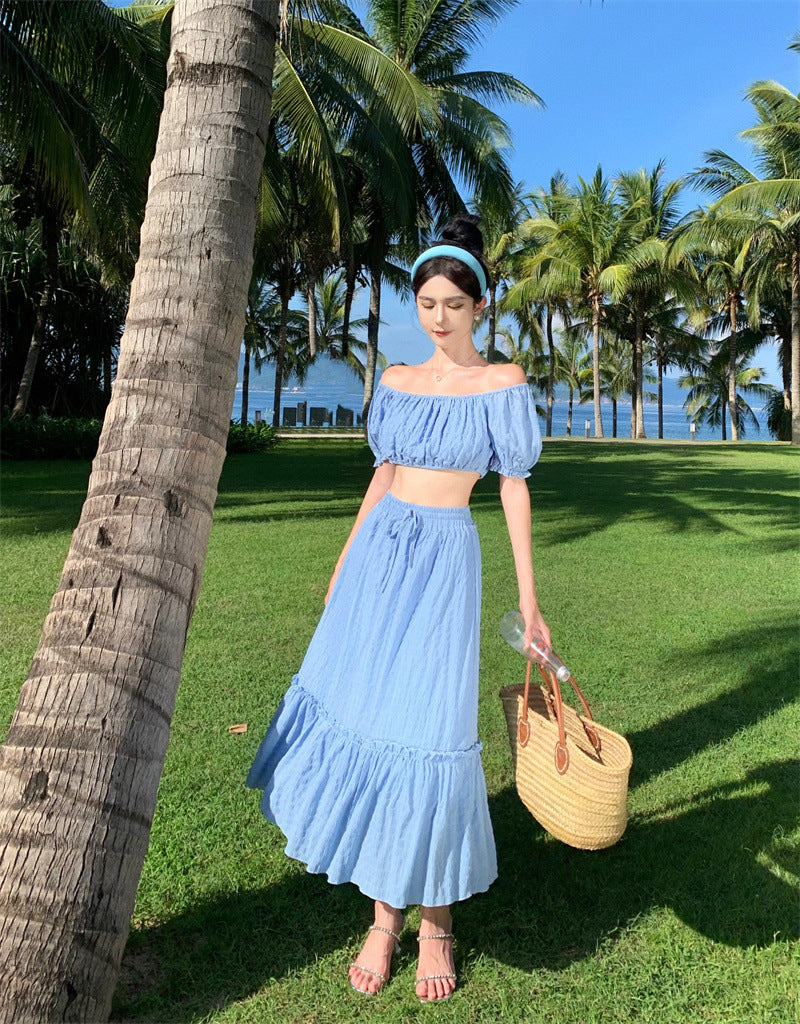2025 One-word shoulder texture pleated bubble sleeves short tube top summer high waist skirt beach two-piece set