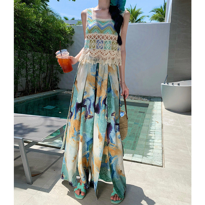 2025 Bohemian wide-leg pants women's summer blue-green smudged split-ended high-waisted trousers seaside vacation wear beach pants culottes