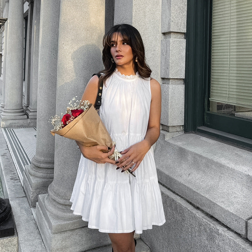 2025 Spring and summer versatile white temperament dress round neck sexy bow lace elegant loose short skirt women's clothing