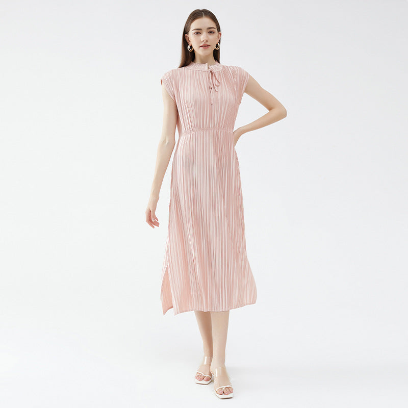 Stand-up collar dress 2025 spring new original design solid color splicing long loose and comfortable wrought silk high waist skirt