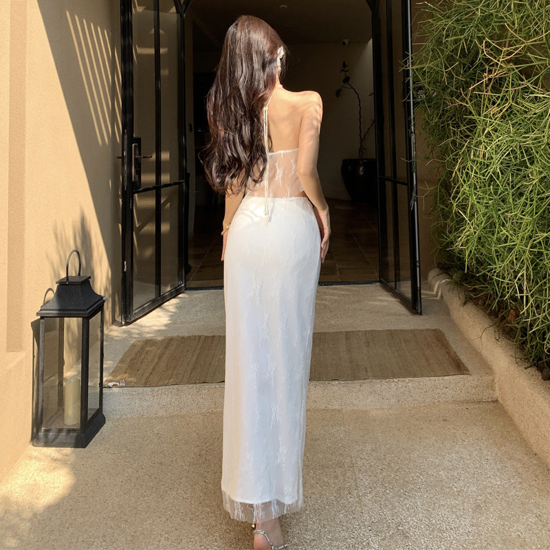 2025 pure desire temperament lace tube top two-piece set summer vacation style suit women's atmosphere white skirt