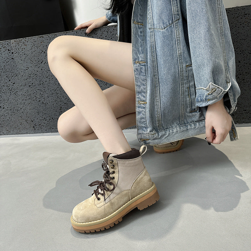 2025 popular autumn and winter new thick-soled Martin boots versatile round-headed British short boots leather splicing cloth thick-soled women
