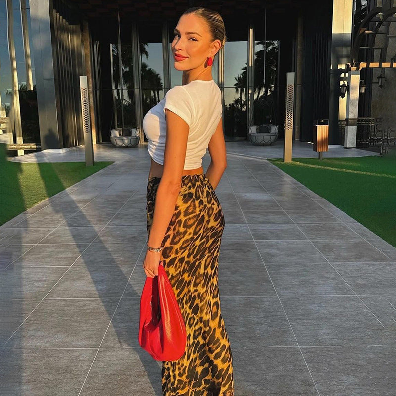 2025 M24SK077 2025 women's clothing summer new personalized hipster leopard print mesh low waist fishtail skirt women
