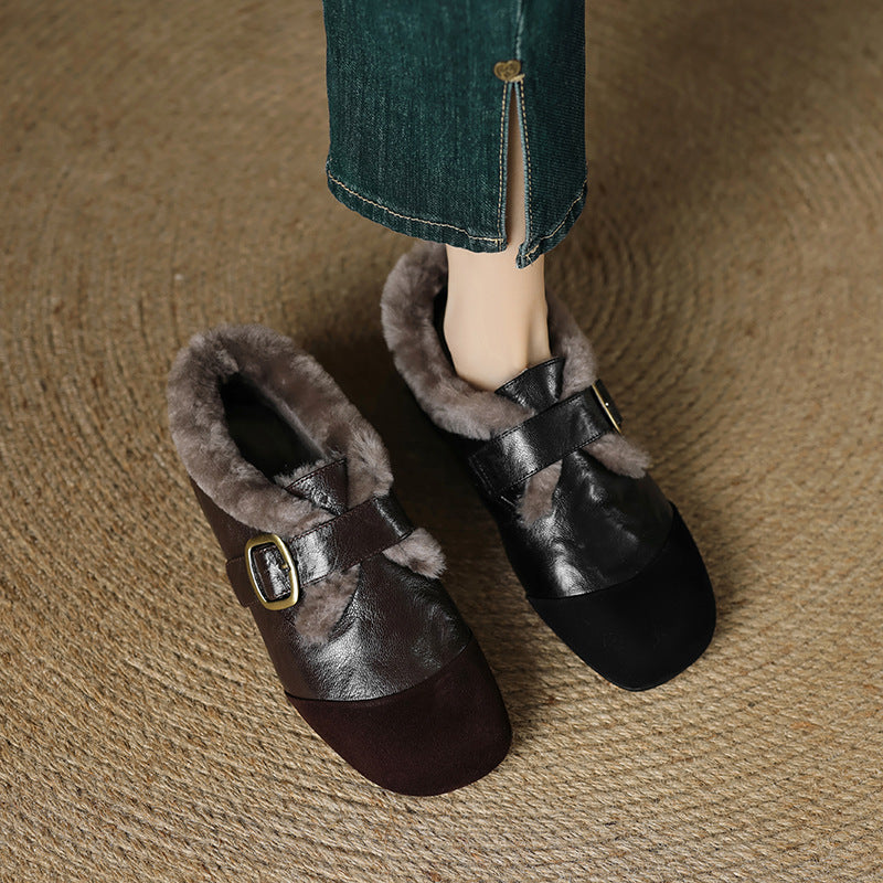2025 retro flat-soled small leather shoes women's popular new autumn and winter thickened deep-mouth single shoes comfortable cotton shoes