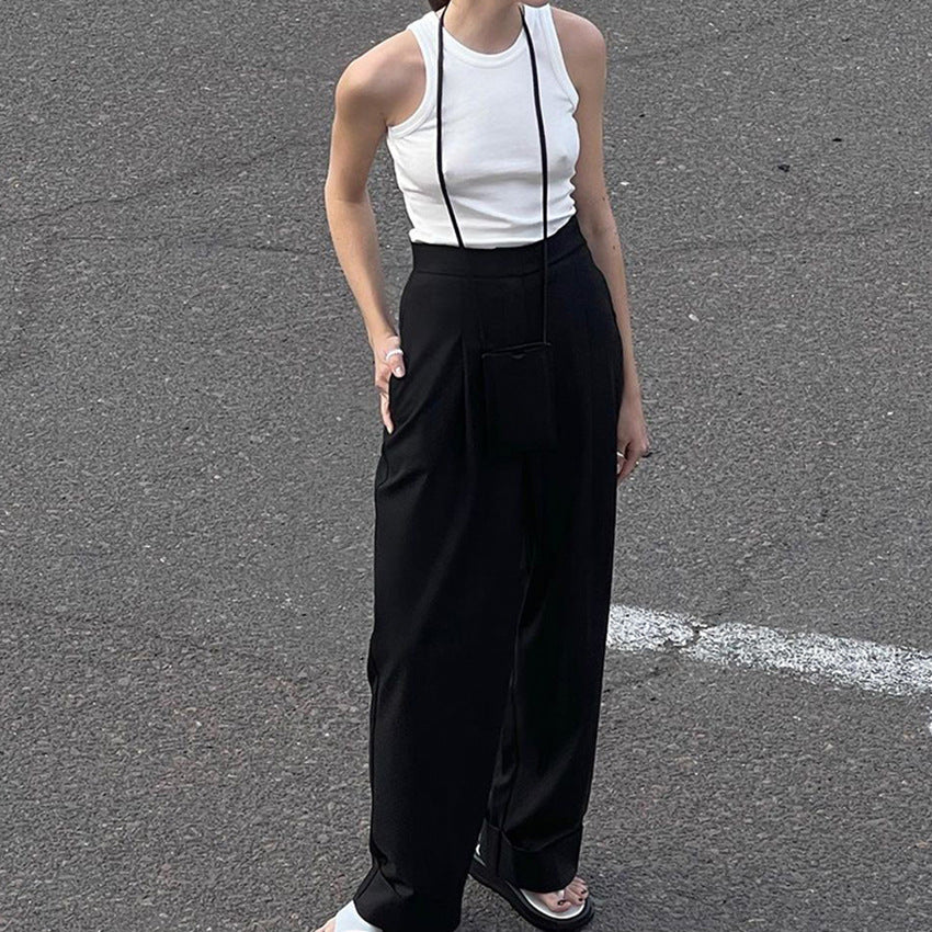 2025 new black floor-mopping trousers loose high-waisted pants women's wide-leg trousers commuter suit trousers autumn and winter