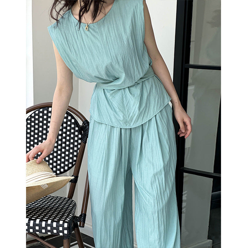 2025 popular summer new high-end straps sleeveless vest top wide-leg pants two-piece set 66616