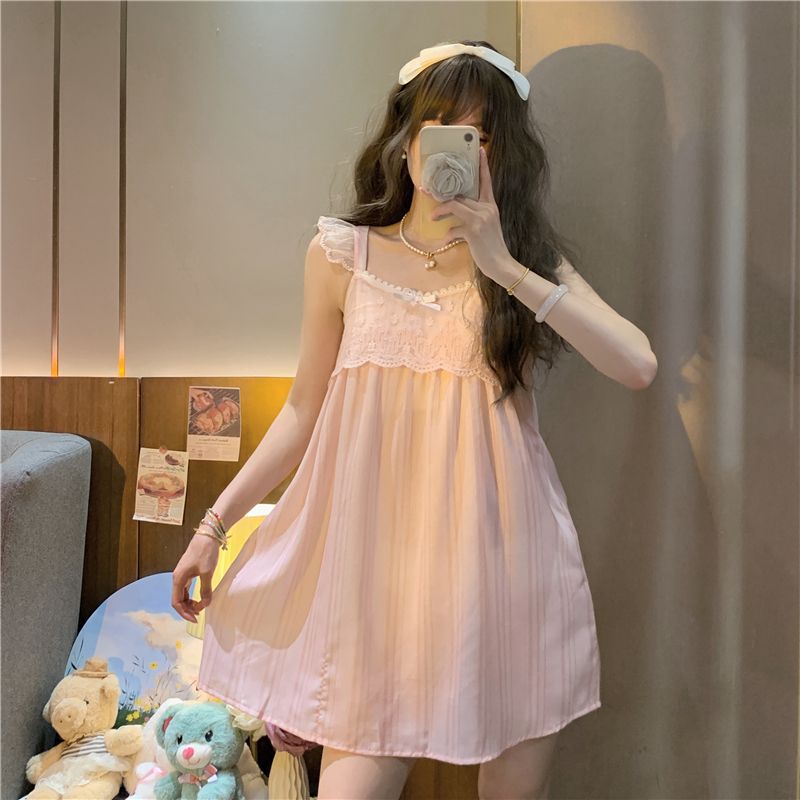 2025 Lace lace pajamas solid color bows summer thin stripes cute sweet pure style women's pajamas homewear