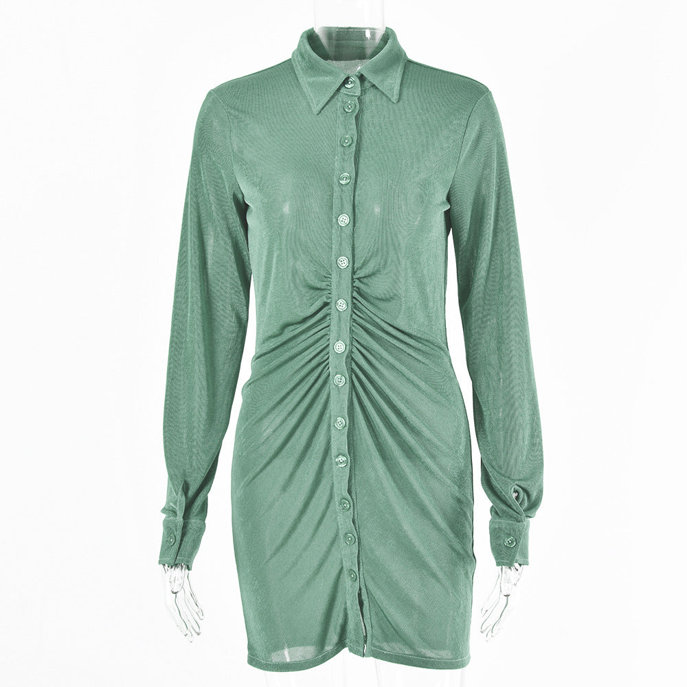 2025 Solid color dress women's summer new women's clothing Spice Girl sexy long-sleeved lapel single-breasted cardigan short skirt