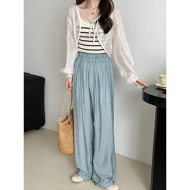 2025 popular spring Korean casual pants elastic waist thin straight drape wide legs mopping loose trousers 7392