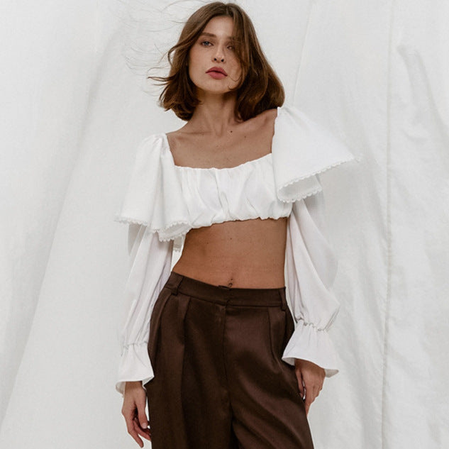 2025 White imitation satin acetate square neck lotus leaf sleeve lace shirt spring and summer fashion new open-button top
