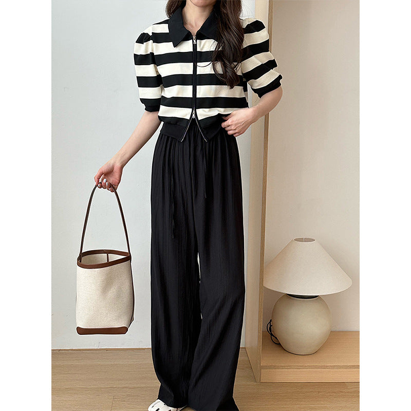 2025 popular spring Korean casual pants elastic waist thin straight drape wide legs mopping loose trousers 7392