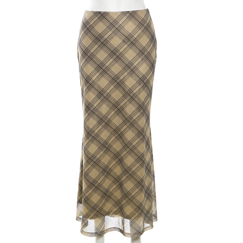 2025 style spring new women's clothing thin high waist hip wrap classic dark plaid long skirt skirt