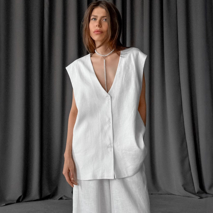 2025 White V-neck cotton and linen sleeveless vest vest trousers set spring and summer fashion new two-piece set for women