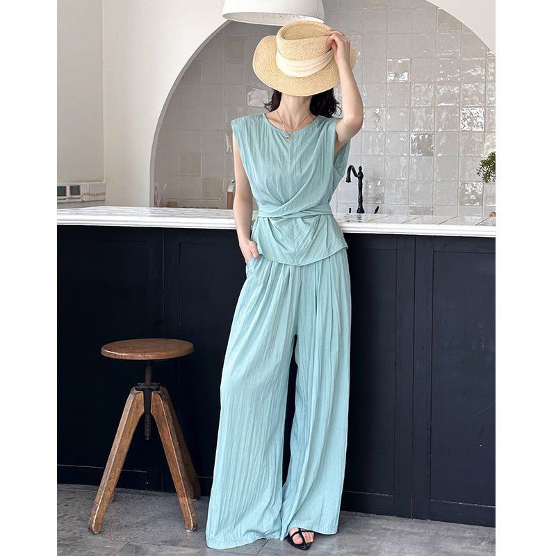 2025 popular summer new high-end straps sleeveless vest top wide-leg pants two-piece set 66616