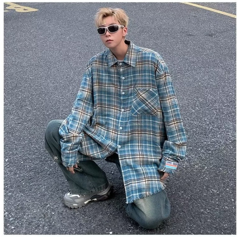 sanyamk guys fits Japanese Retro Plaid Long-Sleeved Shirt Men's Spring and Autumn Loose Shirt Sunny Clean Boys Wear Fashionable Coat