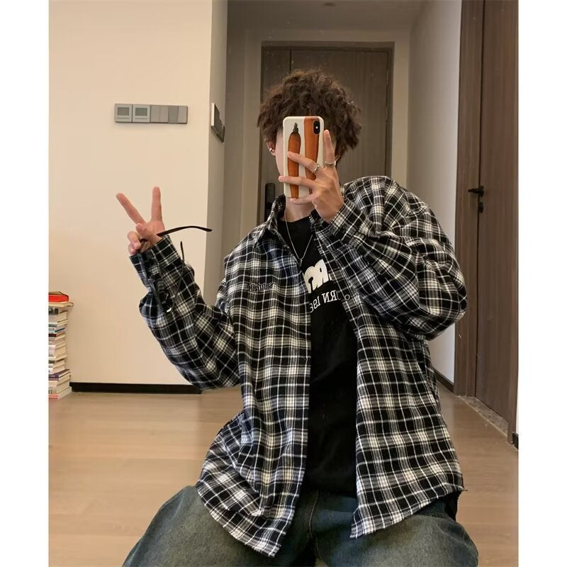 sanyamk frat outfits Autumn 2024 New Long Sleeve Plaid Shirt Boys Trendy American Couple Spring and Autumn Loose Shirt Jacket