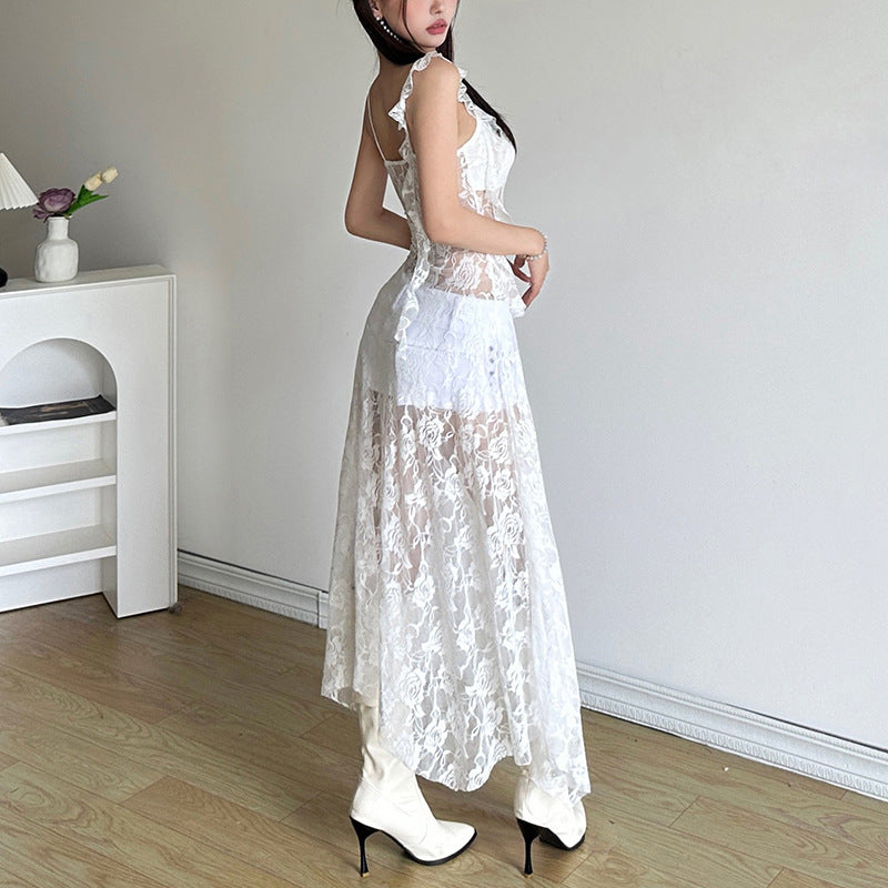 2025 style popular summer new women's clothing floral lace hollow perspective slit suspender dress