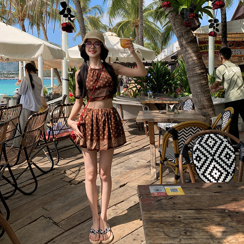2025 Spice girl sexy wind suspender top female slim slim slim high waist skirt short seaside vacation two-piece suit summer