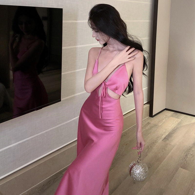 2025 Romantic Pink Hollow Acetate Satin Suspender Dress Women's Summer Vacation Wind Fishtail Dress Light Dress