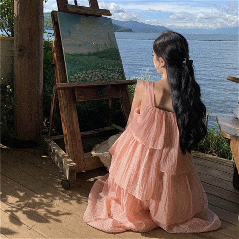 2025 Pink gentle wind suspender dress women's summer new seaside vacation sweet age reduction sleeveless ruffle leaf edge cake dress