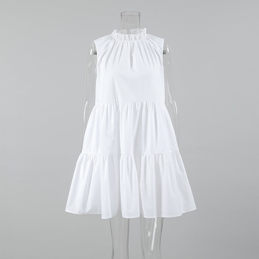 2025 Spring and summer versatile white temperament dress round neck sexy bow lace elegant loose short skirt women's clothing