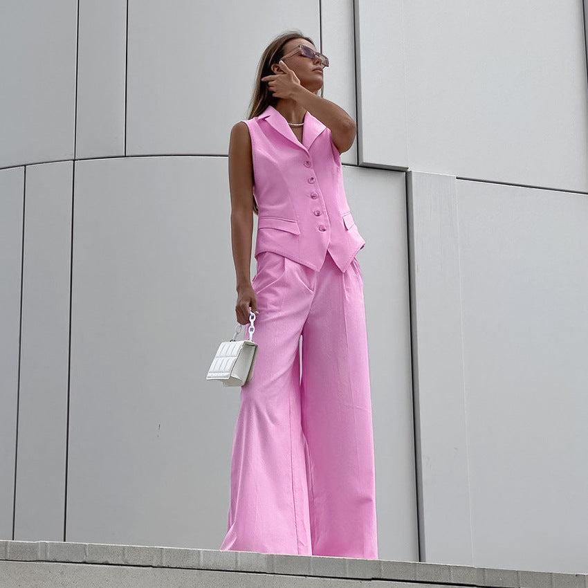 2025 spring and summer sleeveless slim-fitting vest trousers fashion casual temperament suit cotton and linen pink commuter women's clothing