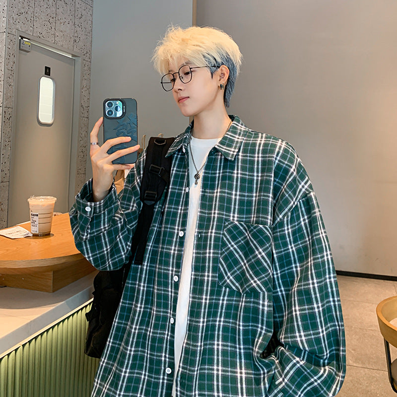 Bonsir fall mens outfits Shirt Men's Autumn New Loose Korean Style Brushed plus Size Long Sleeve Plaid Casual Shirt
