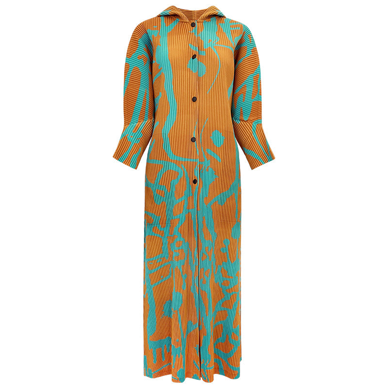 2025 spring casual print coat women's spring long-sleeved single-breasted skirt high-end hooded dress women