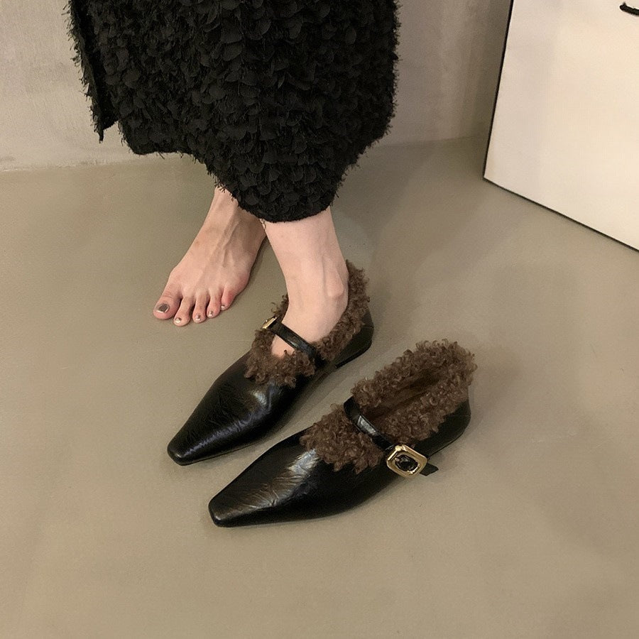 2025 flat-bottomed plush shoes women's new autumn and winter retro Korean version warm cotton shoes soft-soled single shoes