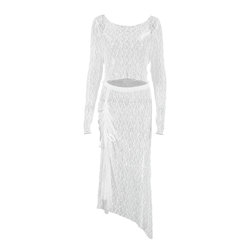 2025 Spring and summer fashion, sexy temperament, perspective brocade lace, long-sleeved crew neck short top, low-rise skirt, two-piece set for women