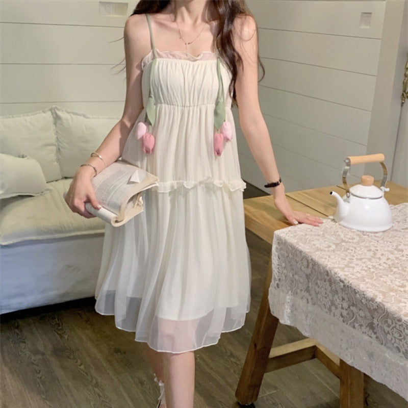2025 Pure lust lace tulip suspender nightdress girl with chest pad summer sweet and cute pajamas loose home clothes
