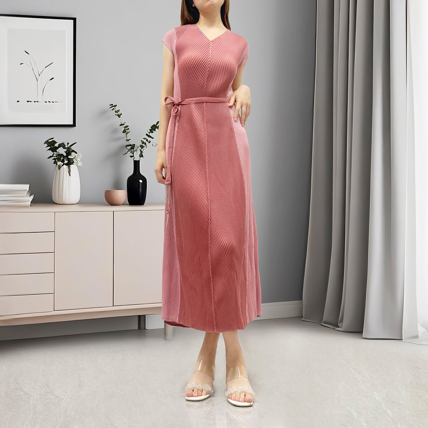 women's high-end dress fish scale pleated v-neck tie contrasting color fashionable temperament elegant medium and long skirt Popular style