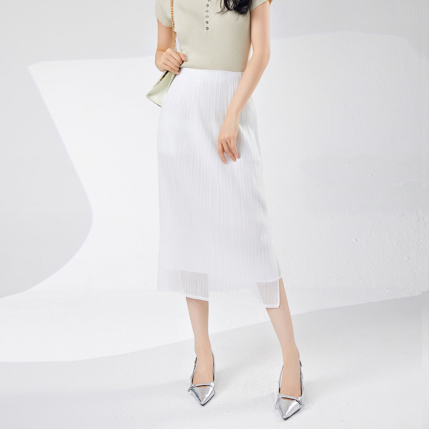 White skirt women's spring and summer new mesh double-layer breathable advanced sense split temperament pleated one-step hip-wrap skirt