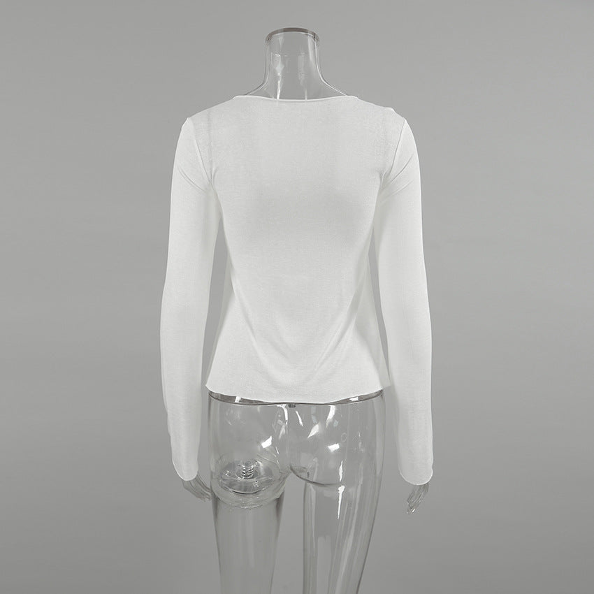 2025 Autumn and winter casual temperament sense slightly transparent sexy slim-fitting knitted round neck long-sleeved commuting T-shirt versatile top white